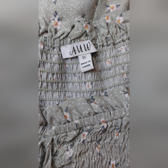 AUW Fit & Flare Green Floral Peasant Babydoll Dress Size 1X Rouching Ruffle Boho - Picture 7 of 11